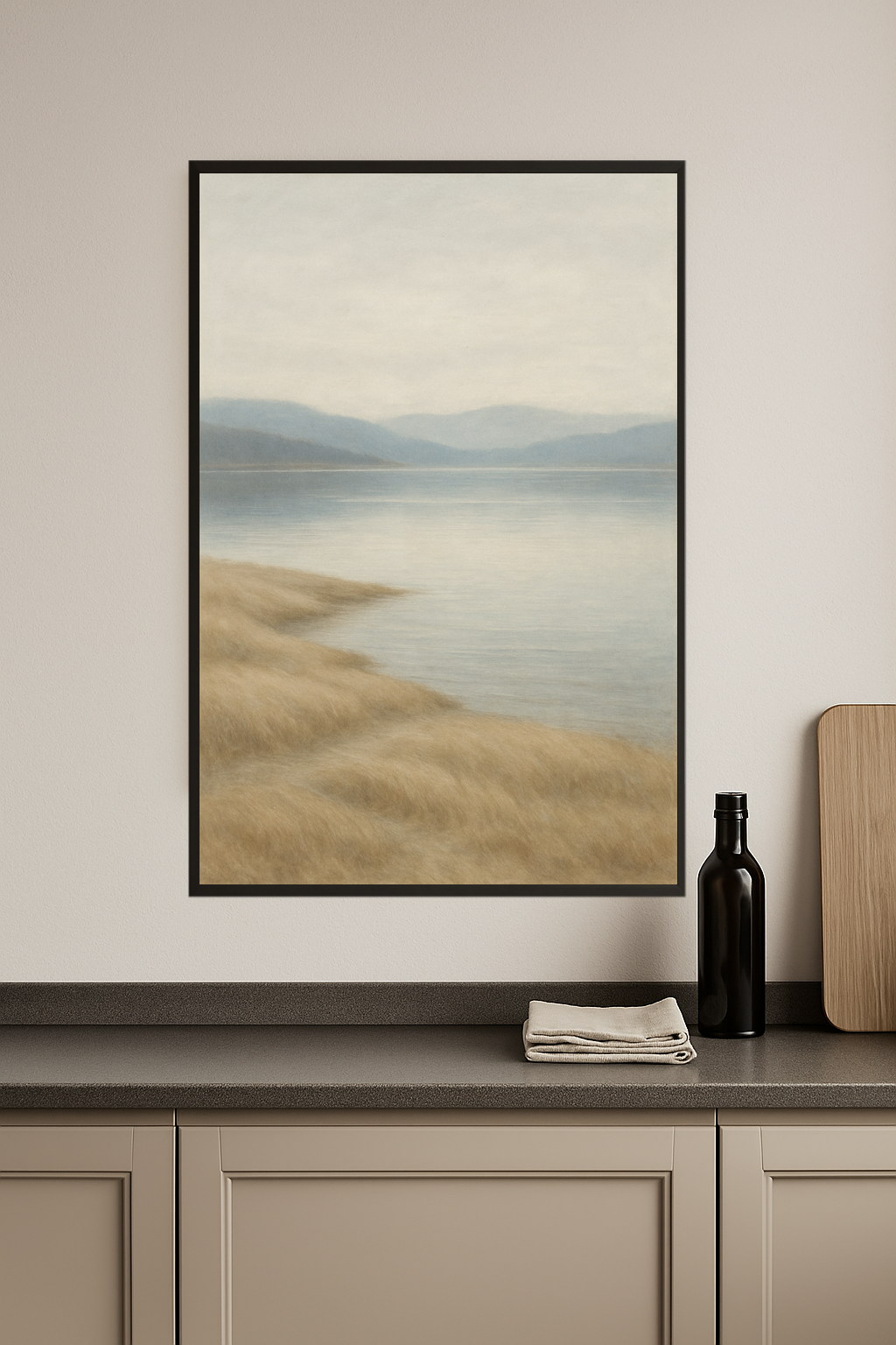 Serene watercolor landscape with water, grass, and hills.- kuchnia