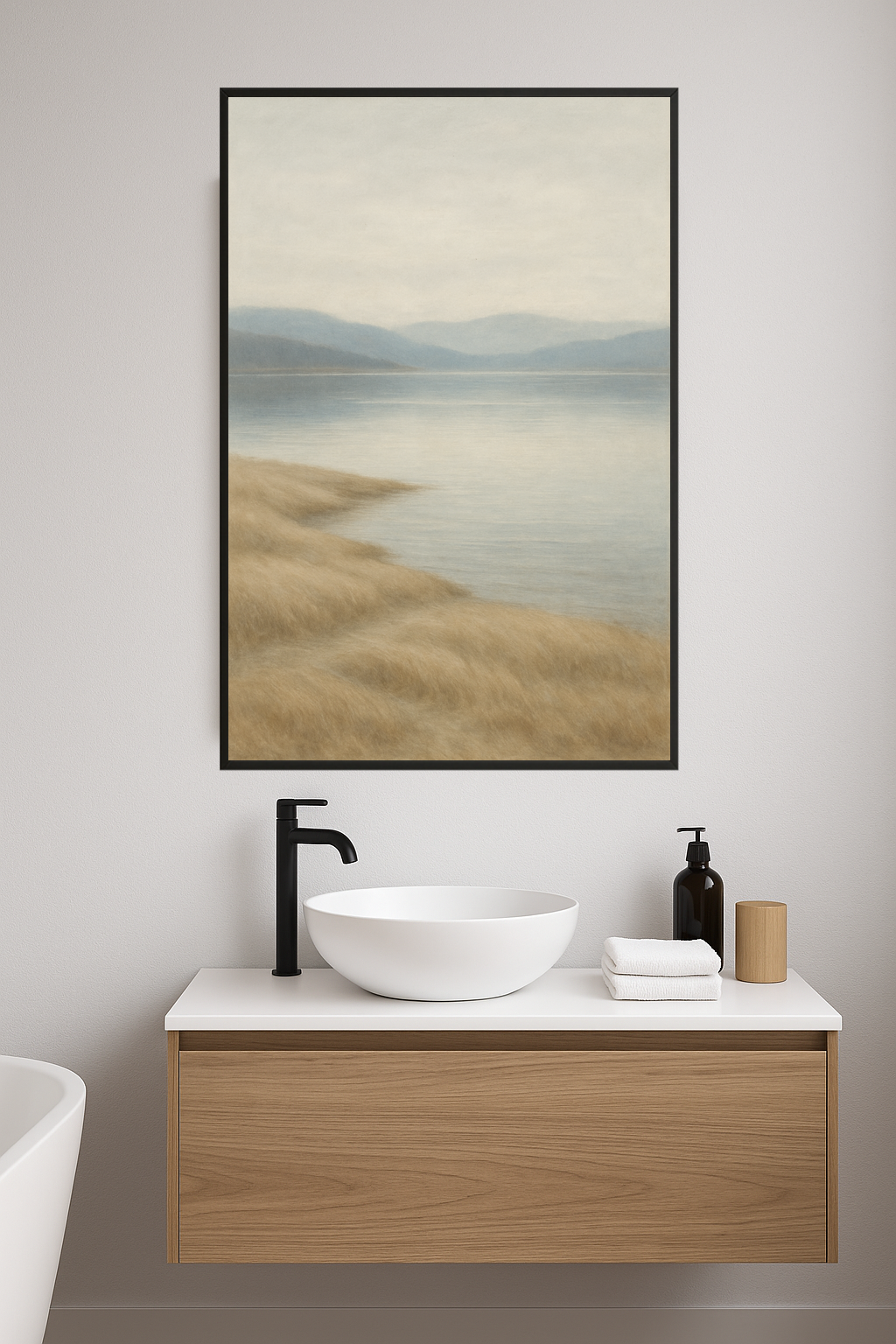 Serene watercolor landscape with water, grass, and hills.- lazienka