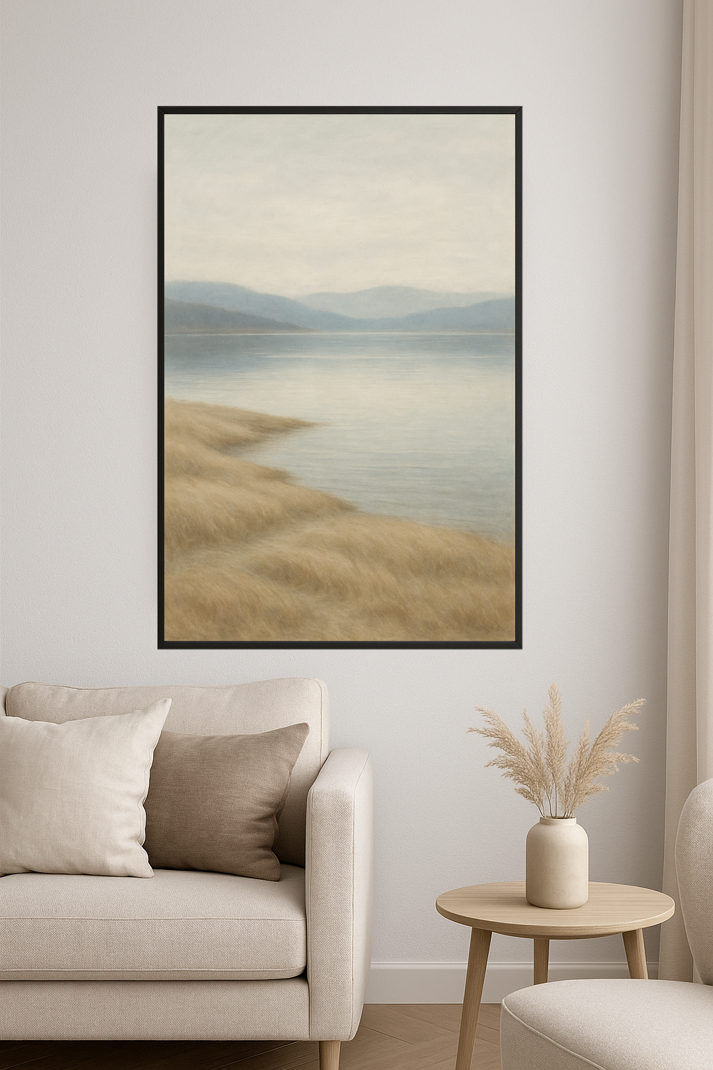 Serene watercolor landscape with water, grass, and hills.- salon