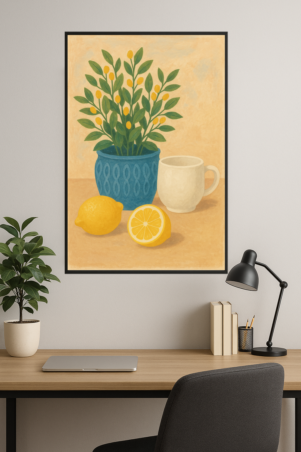 Blue pot with plant, white cup, and yellow lemons.- gabinet