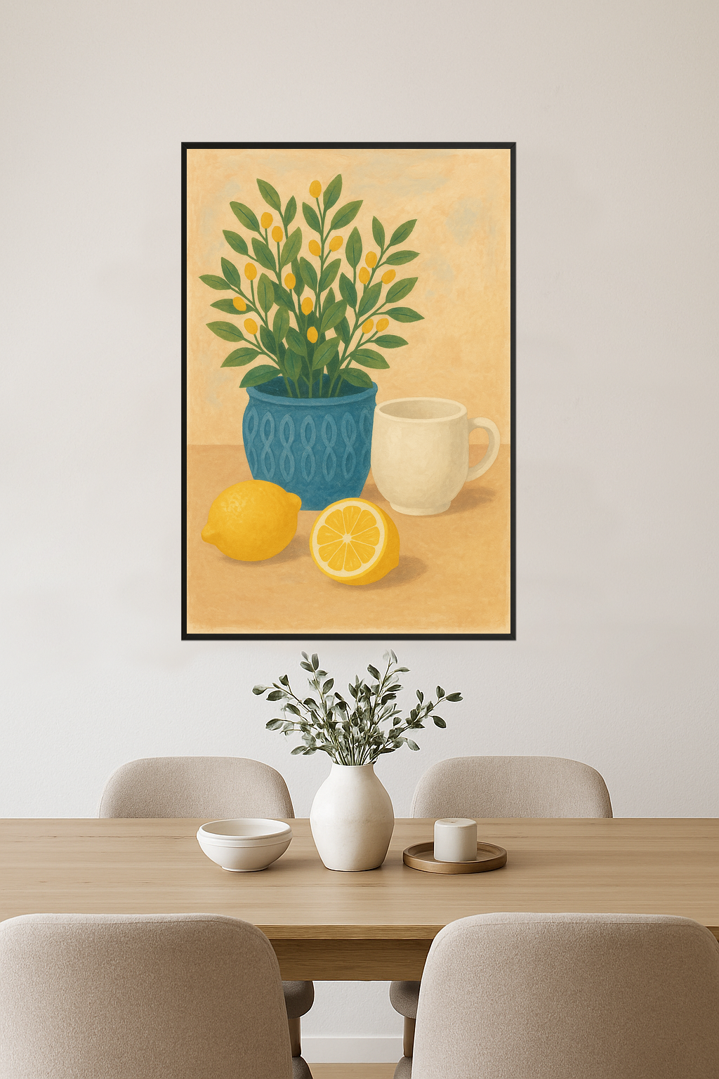 Blue pot with plant, white cup, and yellow lemons.- jadalnia