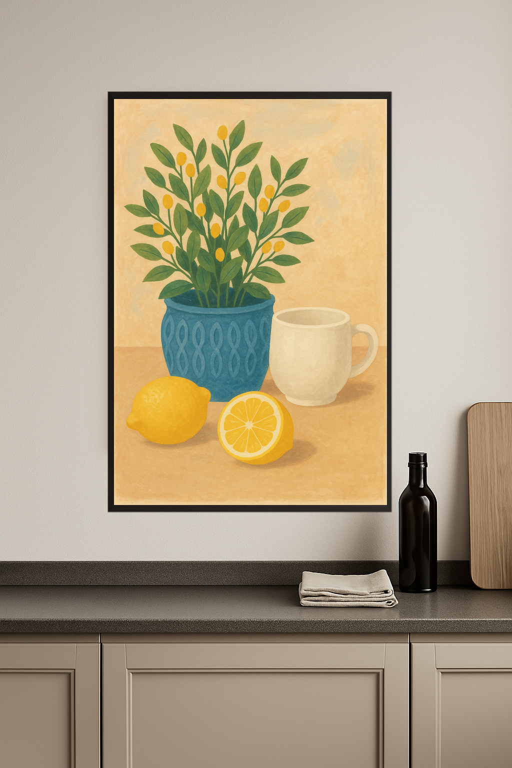 Blue pot with plant, white cup, and yellow lemons.- kuchnia