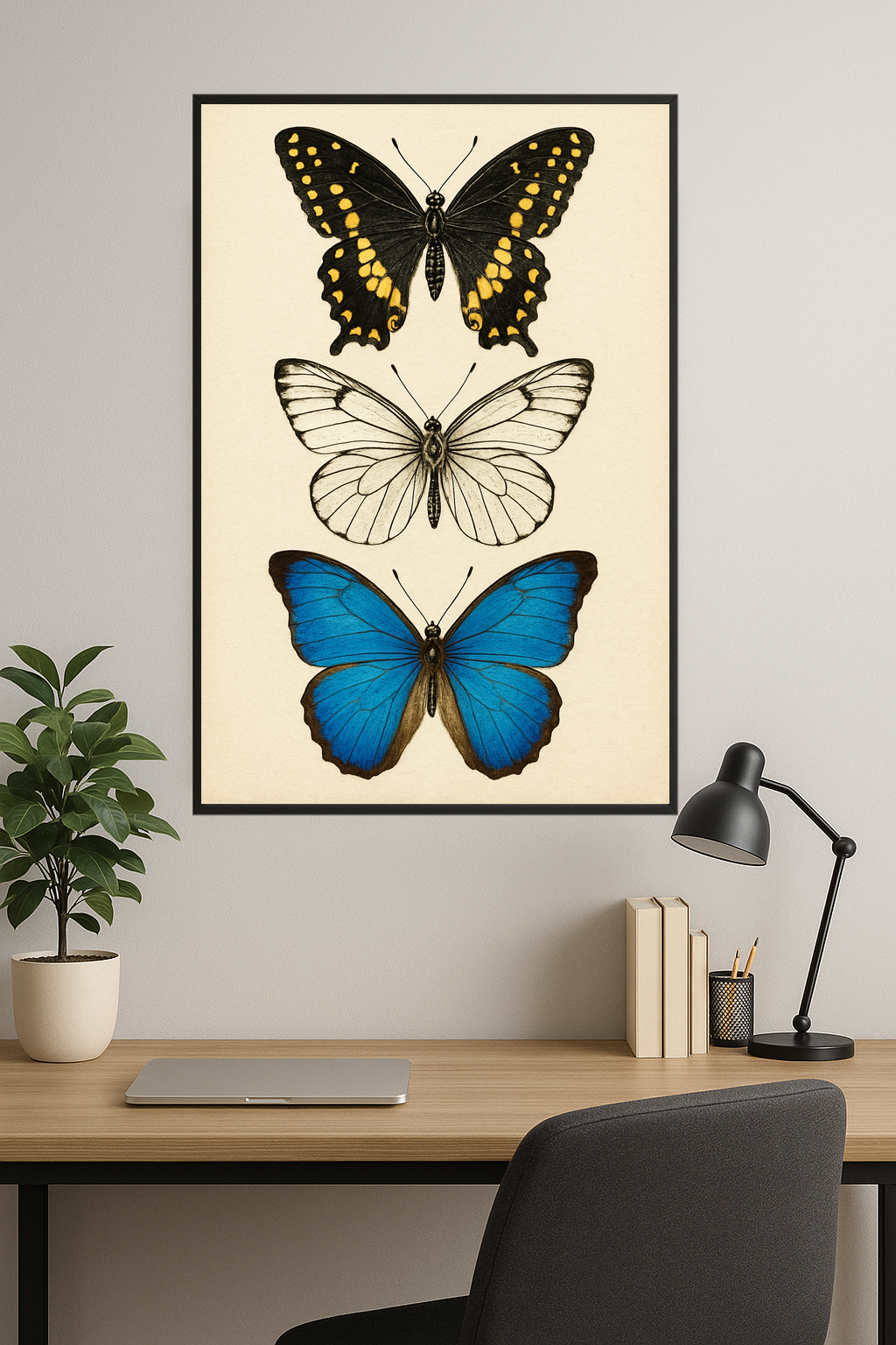 Three butterflies: black and yellow, white and black, blue with brown edges.- gabinet
