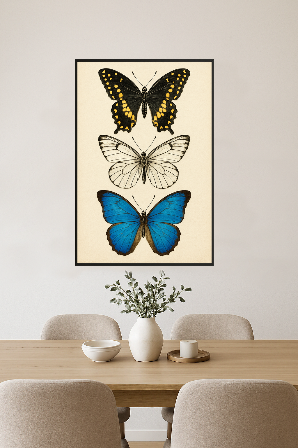 Three butterflies: black and yellow, white and black, blue with brown edges.- jadalnia