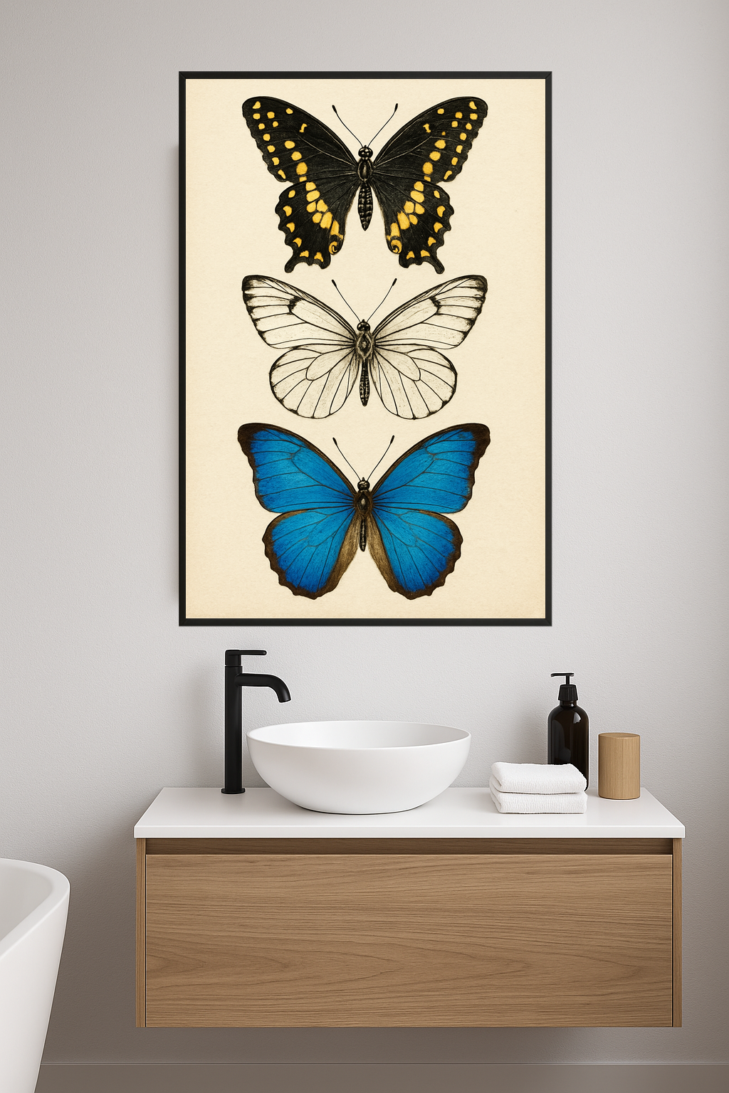 Three butterflies: black and yellow, white and black, blue with brown edges.- lazienka