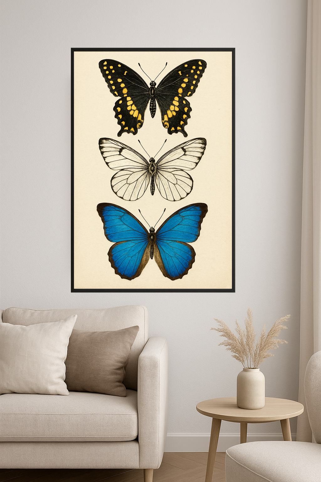 Three butterflies: black and yellow, white and black, blue with brown edges.- salon