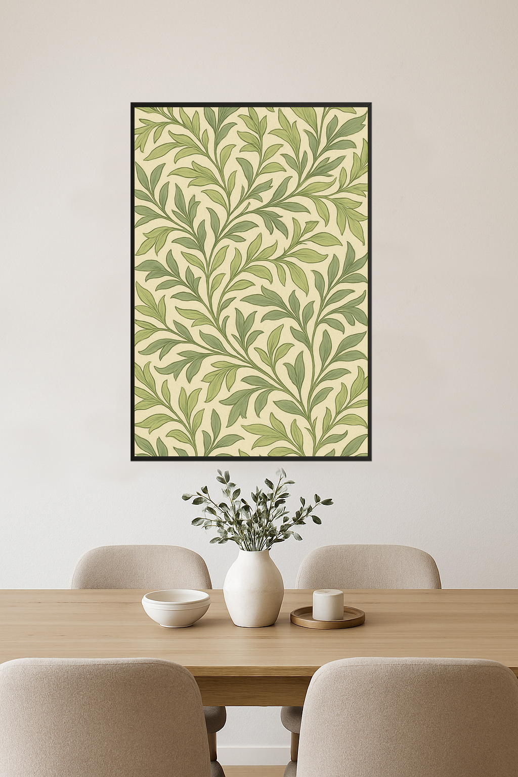 Pattern of delicate green and cream leaves by William Morris.- jadalnia