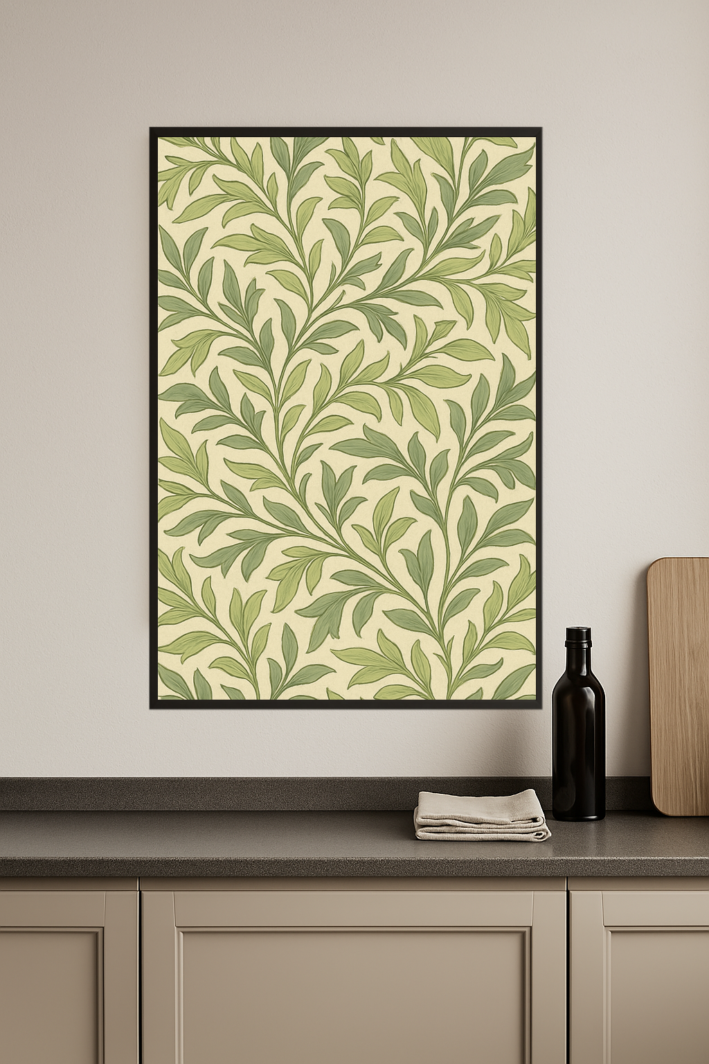 Pattern of delicate green and cream leaves by William Morris.- kuchnia