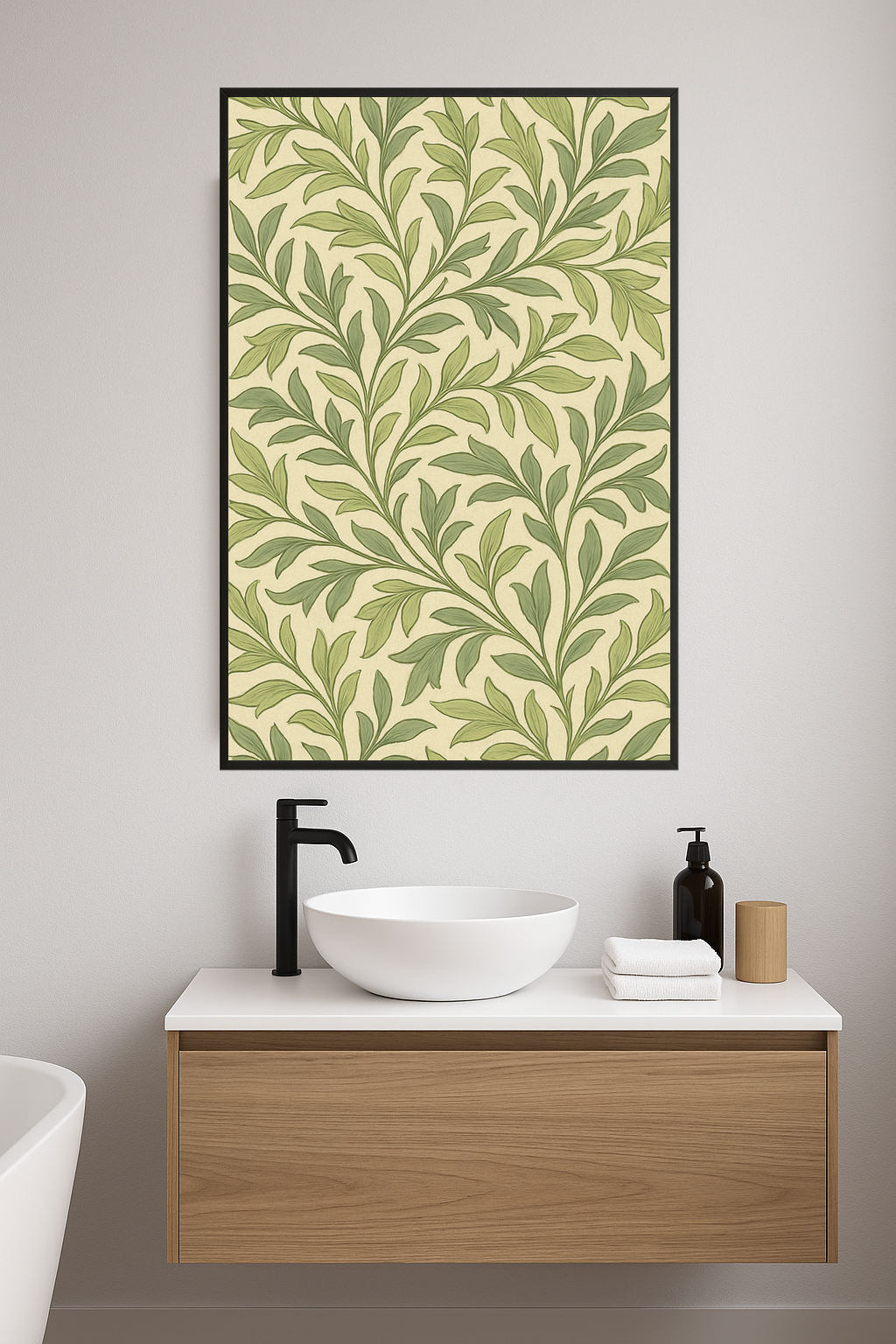 Pattern of delicate green and cream leaves by William Morris.- lazienka