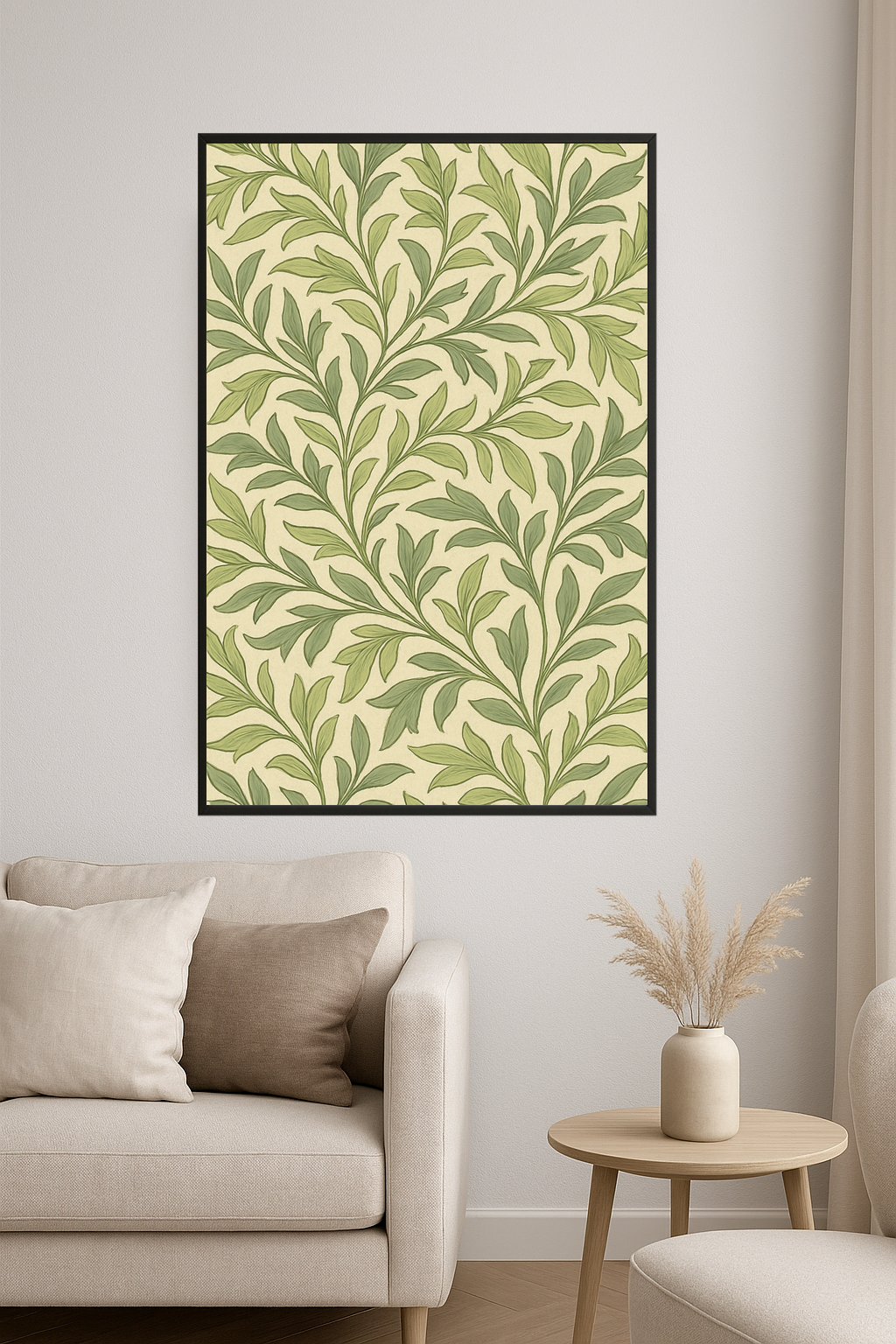 Pattern of delicate green and cream leaves by William Morris.- salon
