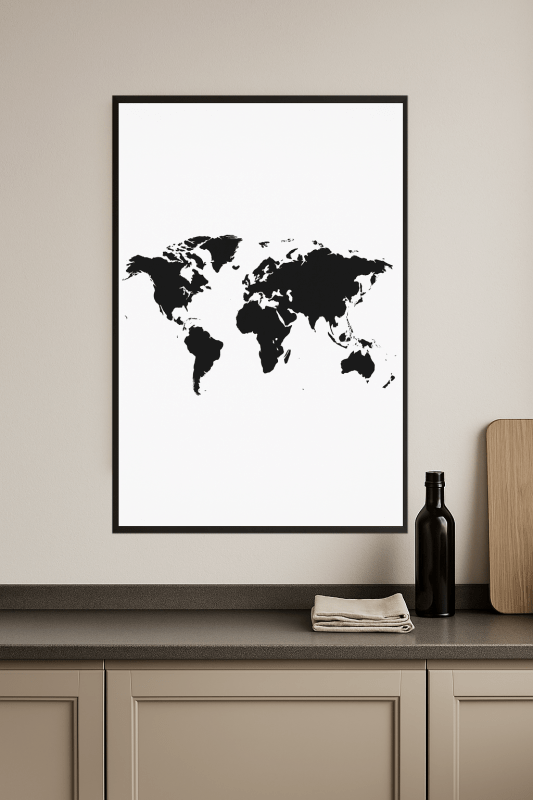 Plakat z czarno-białą mapą swiata do wydruku