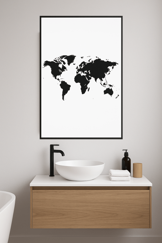 Plakat z czarno-białą mapą swiata do wydruku