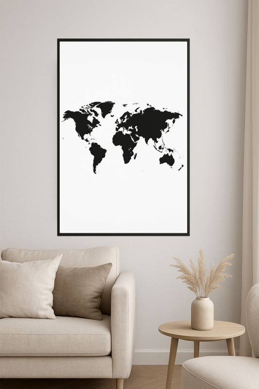 Plakat z czarno-białą mapą swiata do wydruku