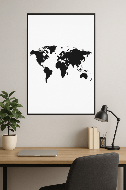 Plakat z czarno-białą mapą swiata do wydruku