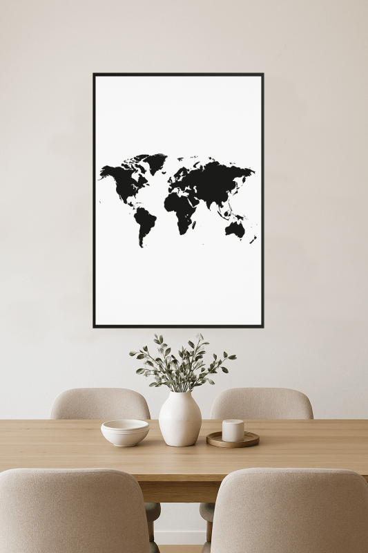 Plakat z czarno-białą mapą swiata do wydruku