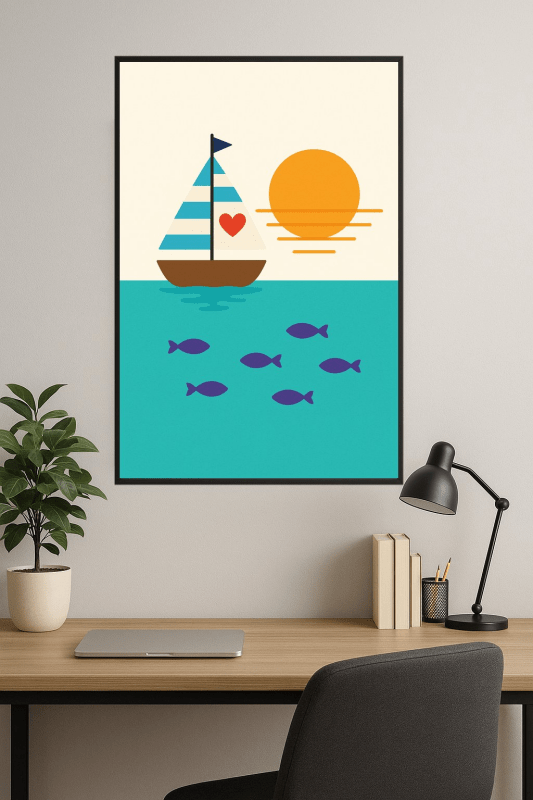 Ilustracja Zachodu Słońca z Żaglówką - CasaNookDecor