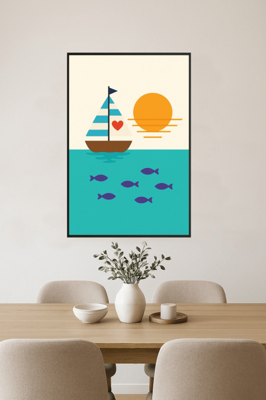 Ilustracja Zachodu Słońca z Żaglówką - CasaNookDecor