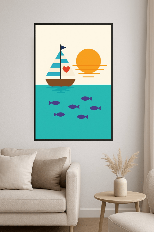 Ilustracja Zachodu Słońca z Żaglówką - CasaNookDecor