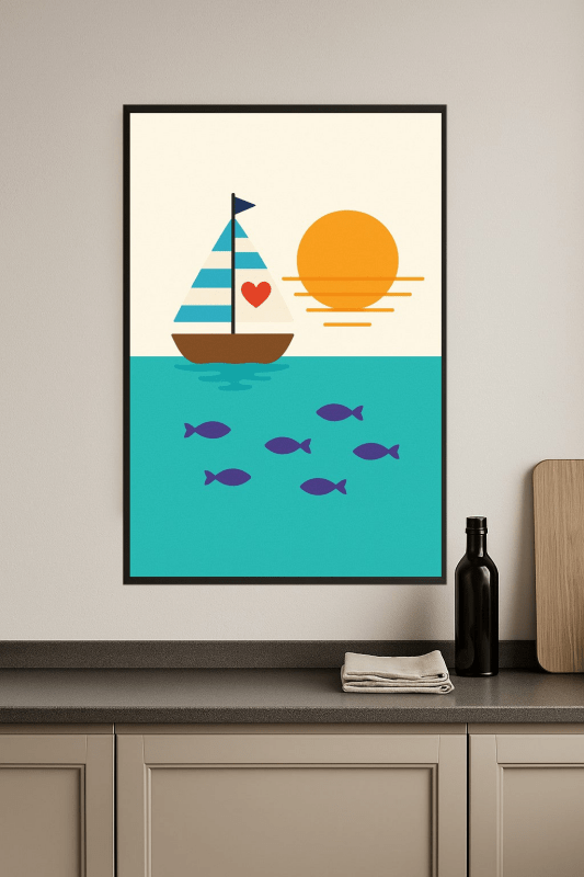 Ilustracja Zachodu Słońca z Żaglówką - CasaNookDecor