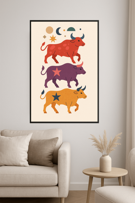 Kolorowy Stylizowany Druk Sztuki Byków - CasaNookDecor