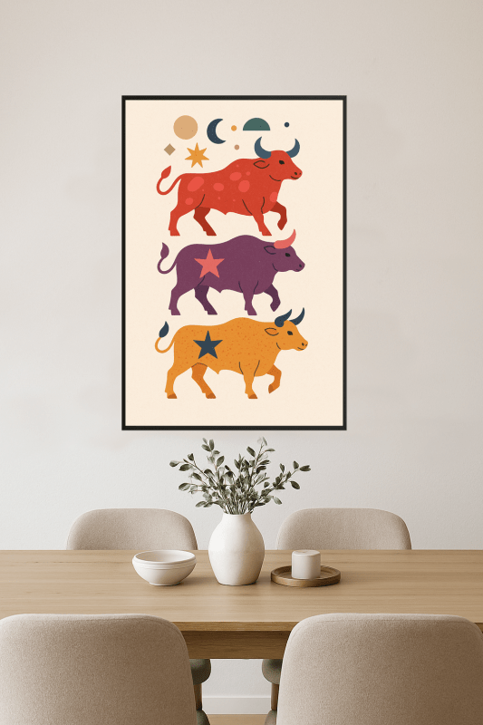 Kolorowy Stylizowany Druk Sztuki Byków - CasaNookDecor