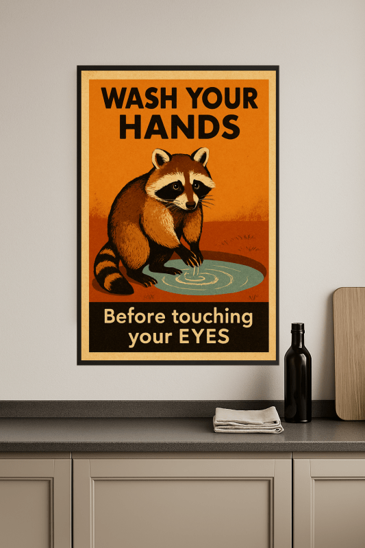 Plakat: Myj Ręce, Szop Pracz - CasaNookDecor