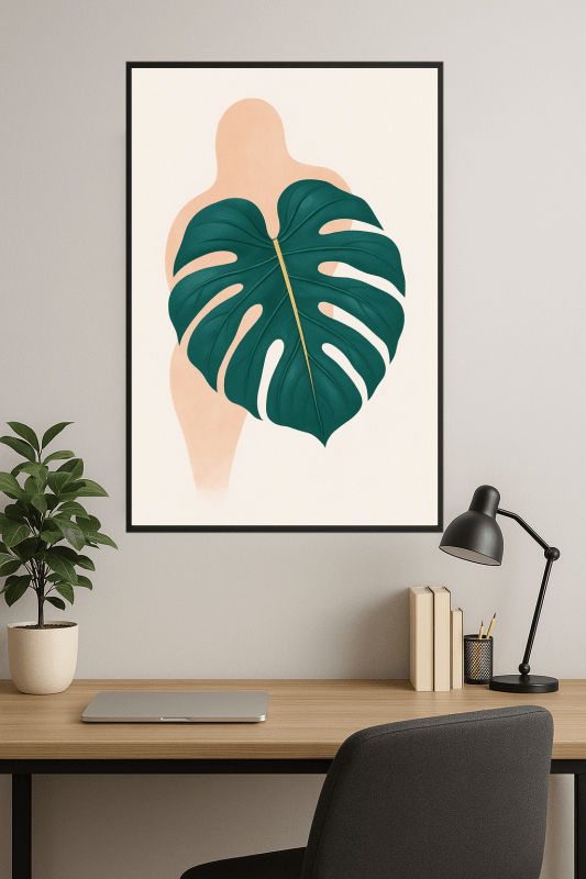 Plakat z liściem Monstery w kolorze teal - CasaNookDecor