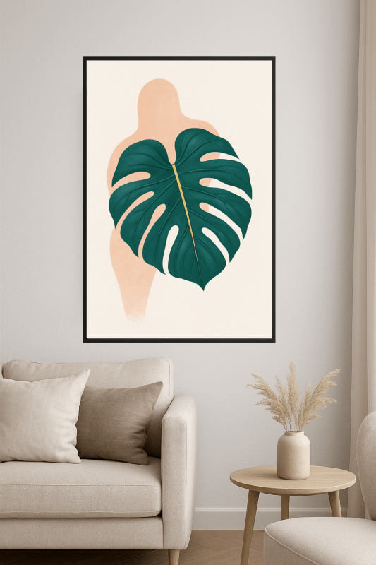 Plakat z liściem Monstery w kolorze teal - CasaNookDecor