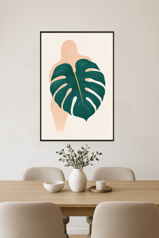 Plakat z liściem Monstery w kolorze teal - CasaNookDecor