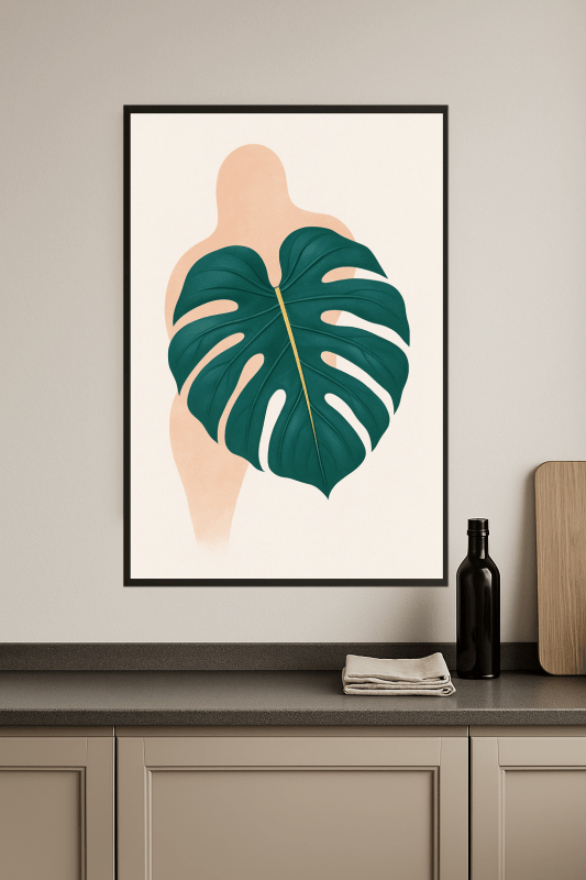 Plakat z liściem Monstery w kolorze teal - CasaNookDecor