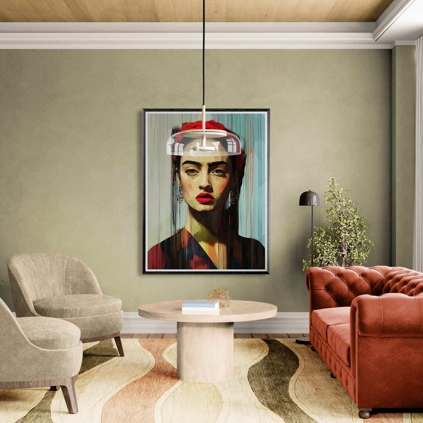 Nowoczesny portret inspirowany Fridą Kahlo zawieszony w eklektycznym salonie z oliwkową ścianą, okrągłym stolikiem, miękkim fotelem i skórzaną, pikowaną sofą.