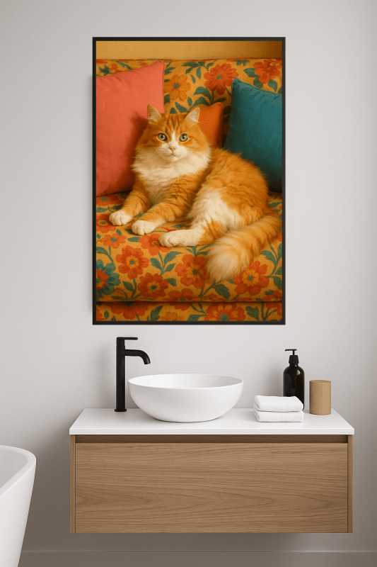 Przytulny Kot Na Kolorowej Kanapie - CasaNookDecor