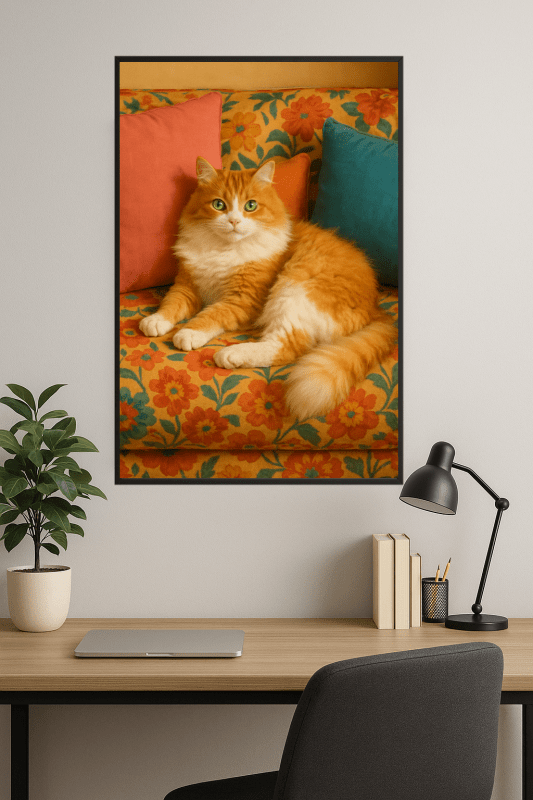 Przytulny Kot Na Kolorowej Kanapie - CasaNookDecor