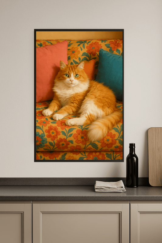 Przytulny Kot Na Kolorowej Kanapie - CasaNookDecor