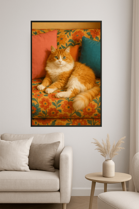 Przytulny Kot Na Kolorowej Kanapie - CasaNookDecor