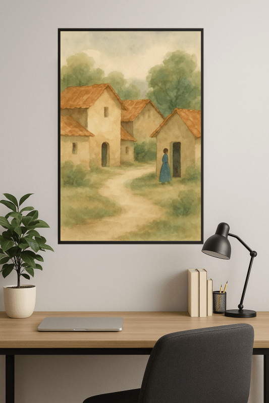 Rustykalna Akwarelowa Scena Wioski - CasaNookDecor