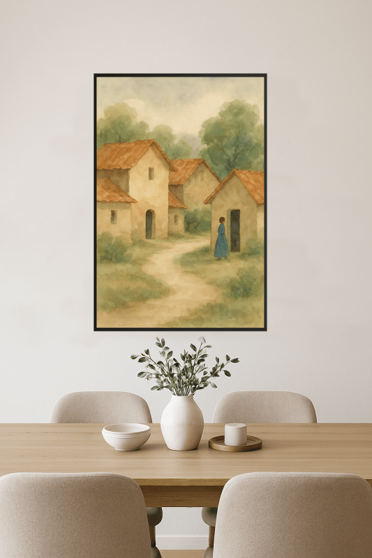 Rustykalna Akwarelowa Scena Wioski - CasaNookDecor