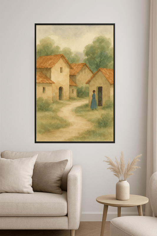 Rustykalna Akwarelowa Scena Wioski - CasaNookDecor