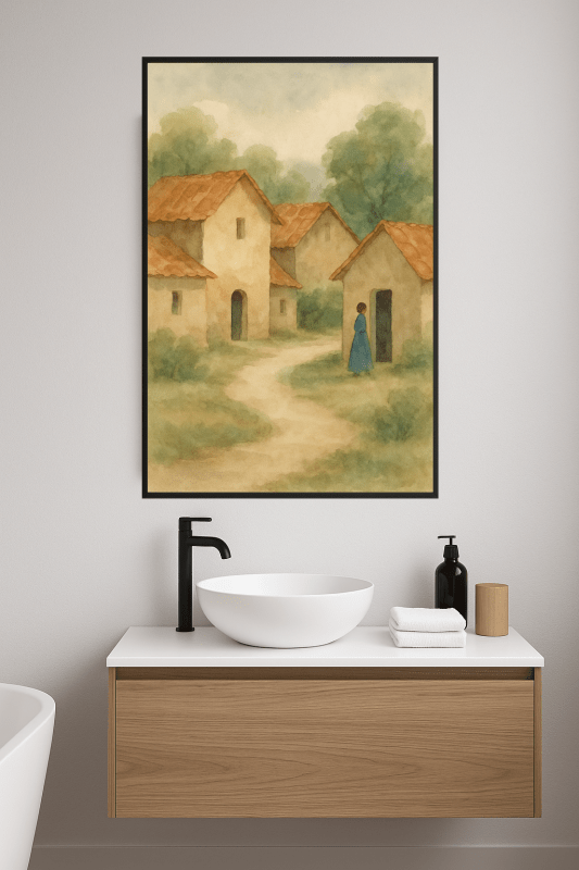 Rustykalna Akwarelowa Scena Wioski - CasaNookDecor