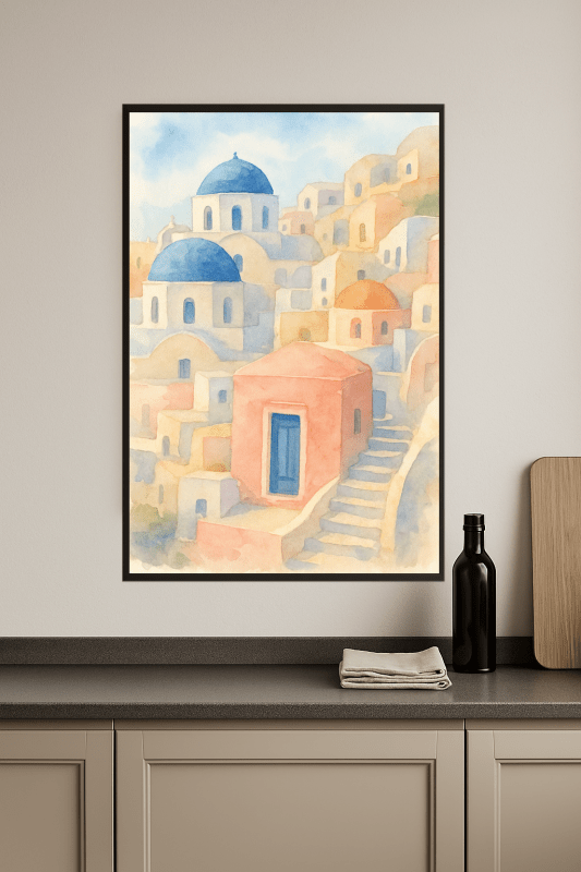 Santorini Akwarela Plakat Artystyczny - CasaNookDecor