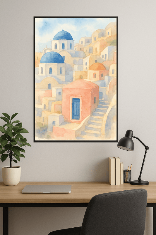 Santorini Akwarela Plakat Artystyczny - CasaNookDecor