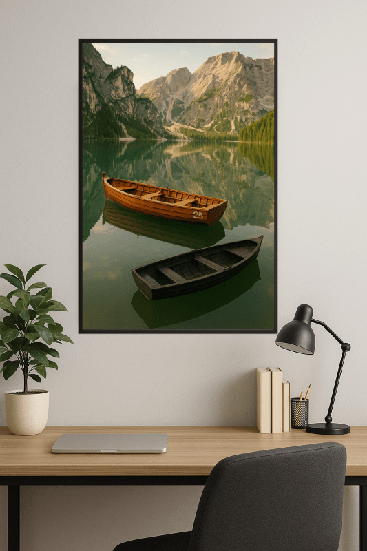 Spokojne Jezioro Z Drewnianymi Łodziami - CasaNookDecor