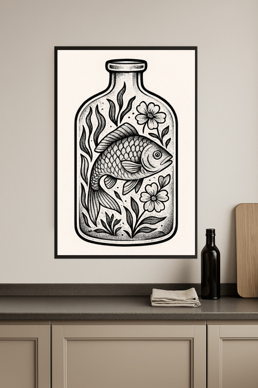 Sztuka Ryb w Butelce - CasaNookDecor