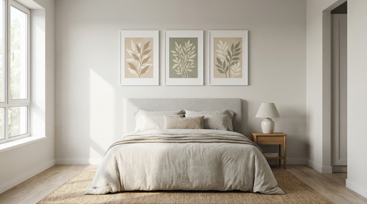 Galeria ścienna z 3 plakatami botanicznymi w białych ramkach nad łóżkiem w minimalistycznej sypialni