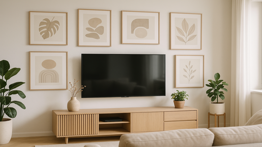 Galeria plakatow wokol telewizora w jasnym, skandynawskim salonie – poradnik dekoracje