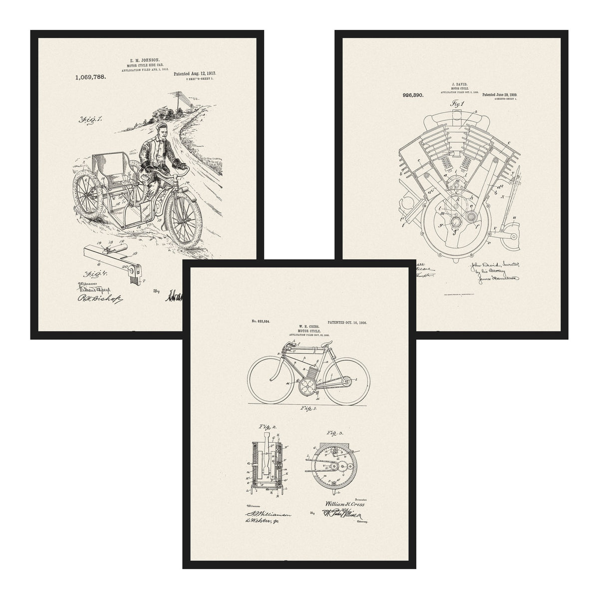 Plakaty dla motocyklisty: rysunki patentowe vintage, zestaw 3 plakatów w czarnych ramach na białym tle