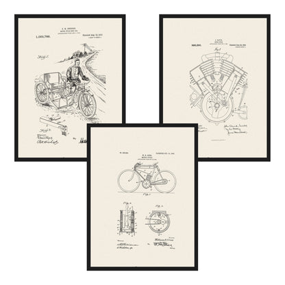 Plakaty dla motocyklisty: rysunki patentowe vintage, zestaw 3 plakatów w czarnych ramach na białym tle