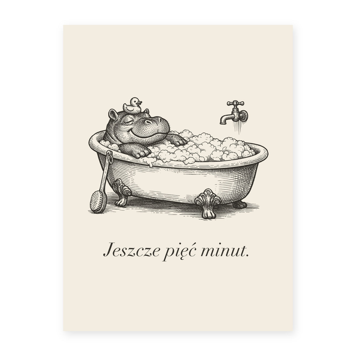 Plakat do łazienki Hipopotam w wannie, rycina z polskim podpisem
