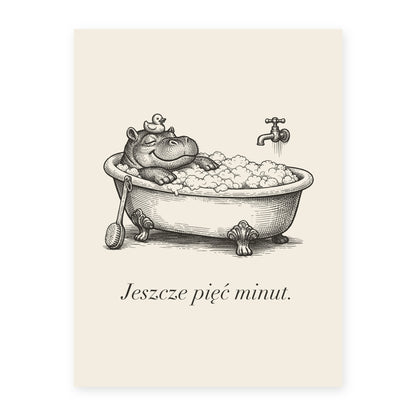 Plakat do łazienki Hipopotam w wannie, rycina z polskim podpisem