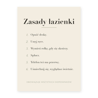 Plakat do łazienki Zasady łazienki, rycina z polskim podpisem
